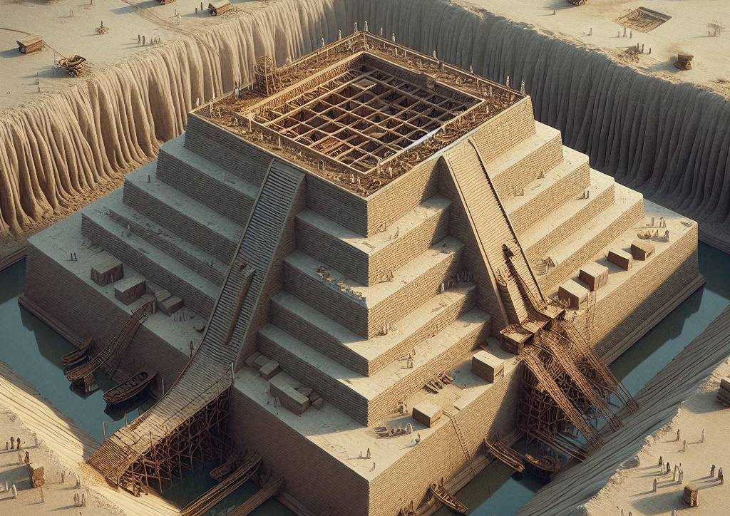 Eine scih im Bau befindende Stufenpyramide, um sie herum mit Wasser gefüllte Gräben, in der Mitte der Pyramide ein Schacht mit einer hölzernen Plattform, KI-generiert