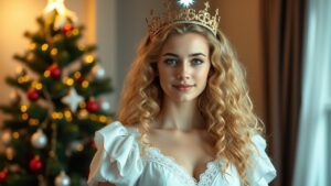 Das "Christkind", eine junge, blonde Frau in einem weißen Kleid und mit einer Krone auf dem Koopf vor einem Weihnachtsbaum. KI-generiert.