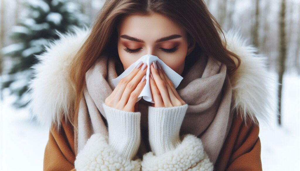 Eine winterlich gekleidete Frau putzt sich die Nase. KI-generiert.