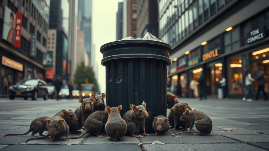 Eine Straße in einer großen Stadt, im Fokus des Bildes ein Mülleimer um den einige Ratten herumwuseln. KI-generiert.