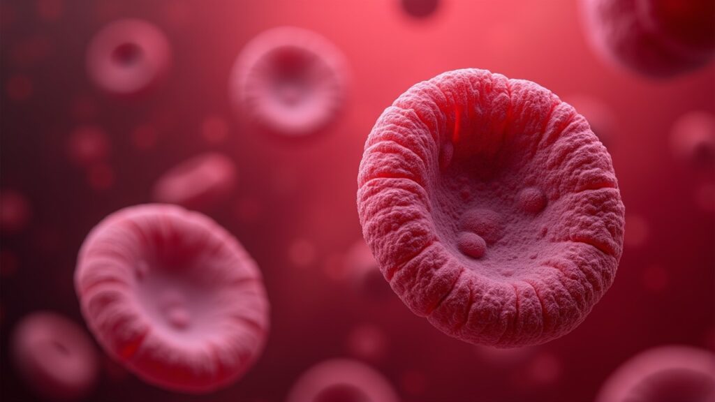 Künstlerische Darstellung einer menschlichen Blutzelle. KI-generiert.