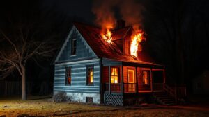 Ein altes, brennendes Haus in der Nacht. KI-generiert.