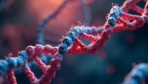 Künstlerische Darstellung einer DNA-Doppelhelix. KI-generiert.