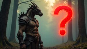 EIne Mischung aus einem Drachen und einem Mann, daneben ein großen, rotes Fragezeichen. KI-generiert.