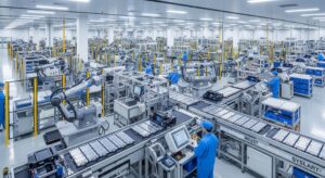 Massenproduktion von e-auto Batterien. KI-generiert.