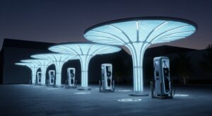 Eine futuristische Ladestation für E-Autos. KI-generiert.