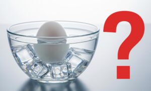 Ein Ei in einer Schüssel mit kaltem Wasser und Eiswürfeln. KI-generiert.