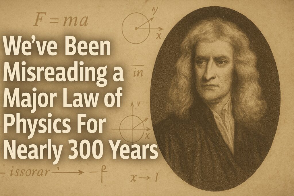 Ein altes Bild von Isaac Newton, daneben der Text "We've been misreading a major law of physics for nearly 300 years", der Hintergrund besteht aus vergilbtem Papier mit einigen mathematischen Formeln. KI-generiert.