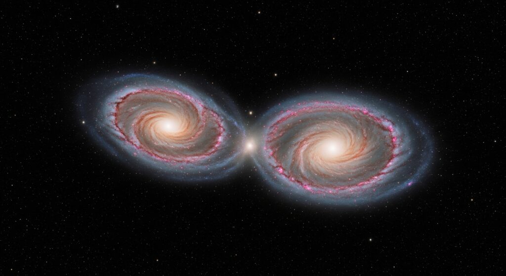 2 Galaxien kurz vor der Kollision. KI-generiert.