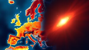 Beispielbild, rechts eine Supernova, links eine Wetterkarte Europas, die vorwiegend rot ist. KI-generiert.