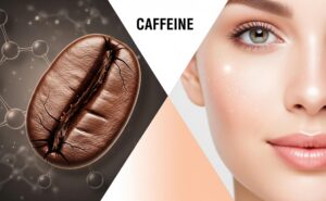 Ein Bild, das den möglichen Anti-Aging-Effekt von Koffein verdeutlichen soll. Links eine große Kaffeebohne, rechts das Gesicht einer schönen Frau, wie aus einer Make-up Werbung. KI-generiert.