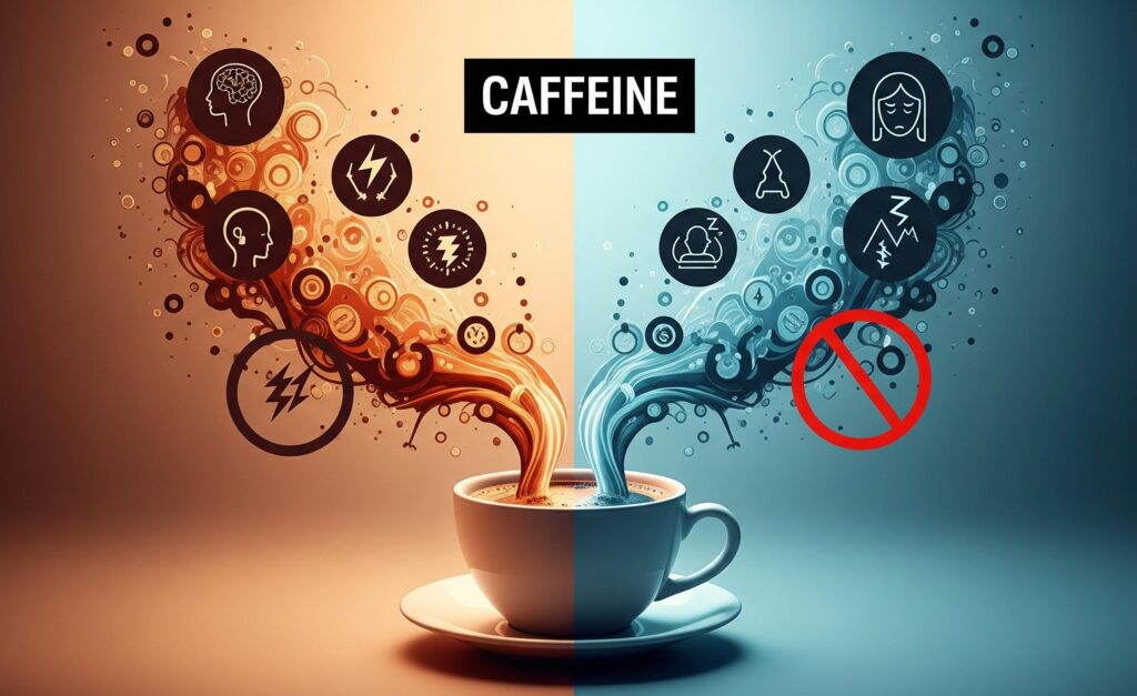 Ein Beispielbild, das die positiven wie negativen Effekte von Koffein darstellen soll. KI-generiert.
