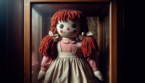 Eine Raggedy Ann Puppe in einem Glaskasten mit Holzrahmen. Nicht Annabelle! KI-generiert.