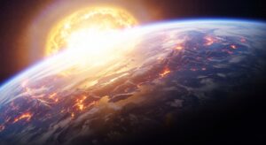 Die Erde, wie sie von einer Supernova vernichtet wird. KI-generiert.