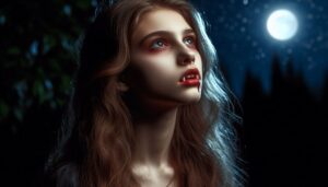 Ein weiblicher Vampir im Teenager-Alter. Es ist dunkle Nacht und sie blickt hungrig in die Sterne. KI-generiert.