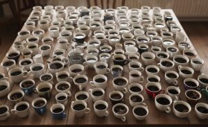 Ein Tisch voll mit Kaffetassen. KI-generiert.