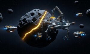 Gold wir auf einem Asteroiden abgebaut und von Astronauten auf Schiffe verladen. KI-generiert.