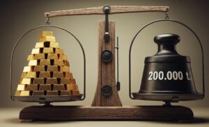 Eine altmodische Balkenwaage, auf der einen Seite ein großer Haufen Goldbarren, auf der anderen ein Gewicht mit der Aufschrift "200.000 t". KI-generiert.