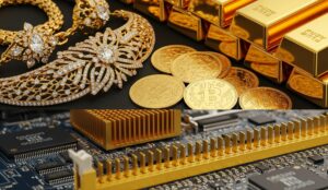 Goldschmuck, Goldbarren, Goldmünzen und eine Computerplatine mit Goldkontakten. KI-generiert.
