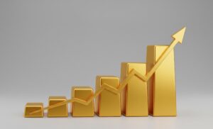 Darstellung der Entwicklung des Goldpreises durch wachsende goldene Balken und einen Pfeil. KI-generiert.
