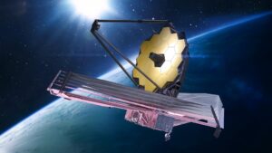 JWST in space near Earth. James Webb telescope far galaxies and planets explore. Sci-fi space collage. Astronomy science. Elements of this image furnished by NASA. Credit: NASA / dima_zel