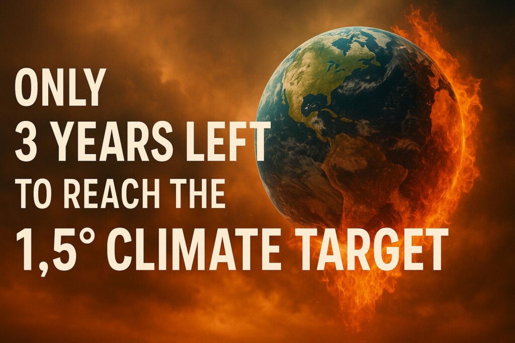 Ein brennender Planet Erde, daneben der Text "Only 3 years left to reach the 1,5° climate target", KI-generiert.
