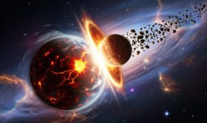Künstlerische Darstellung der Kollision der Proto-Erde mit Theia, KI-generiert.