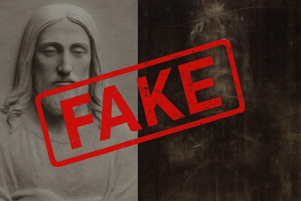 Eine Jesus-Skulptur auf der linken, ein Ausschnitt aus dem Turiner Grabtuch auf der rechen, über dem ganzen Bild ein großer, roter Stempel mit dem Schriftzug "Fake". KI-generiert.