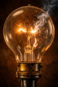 Eine altmodische Glühbirne im Augenblick des Durchbrennens. KI-generiert.