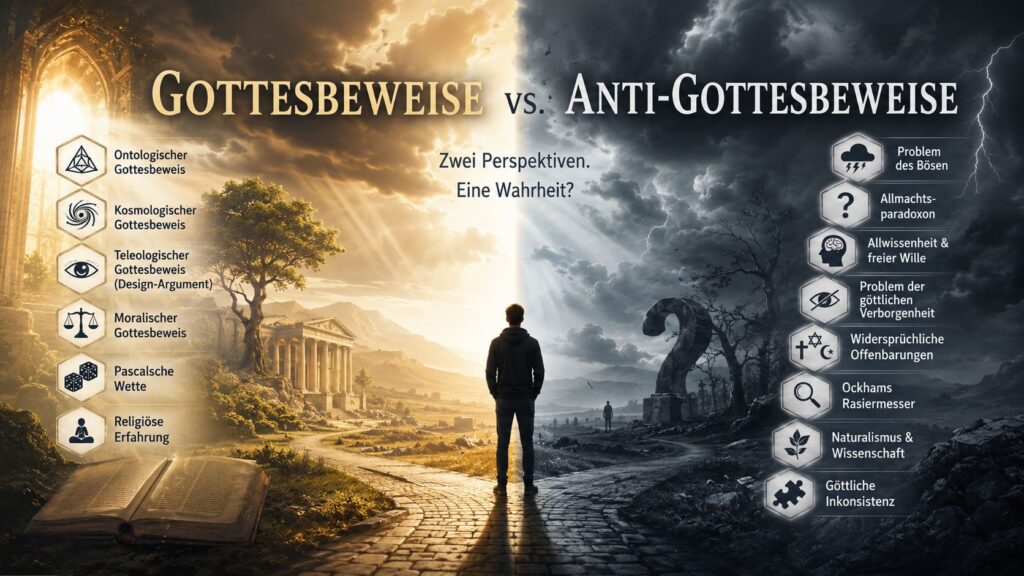 Gottesbeweis vs Anti-Gottesbeweis. KI-generiert.
