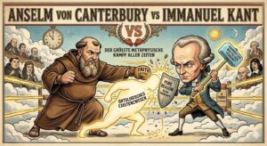 Anselm von Canterbury und Immanuel Kants Kritik am ontologischen Gottesbeweis, dargestellt wie ein Boxkampf. KI-generiert.
