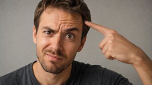 Ein Mann blickt den Betrachter fragend an und zeigt auf seinen Kopf, wie man es macht, wenn man zeigen will, dass man etwas für verrückt hält. KI-generiert.