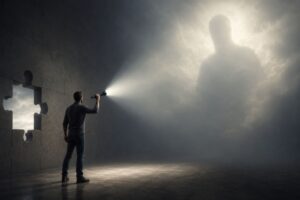 Links eine Wand mit einer Öffnung wie einem Puzzleteil, in der Mitter ein Mann, der mit einer Taschenlampe auf einen Schatten im Nebel zeigt. KI-generiert.