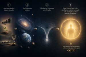 Erläuterung des kosmologischen Gottesbeweises. Kurz: Alles, was existiert hat eine Ursache, da es sonst zu einer unendlichen Kette käme muss es einen "Erstverursacher" geben => Gott (also im Grunde: der Urknall ist Gott^^). KI-generiert.